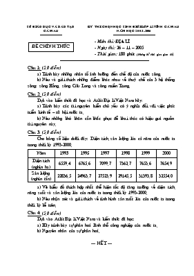 Kỳ thi chọn học sinh giỏi lớp 12 tỉnh năm học 2005-2006 môn thi địa lí